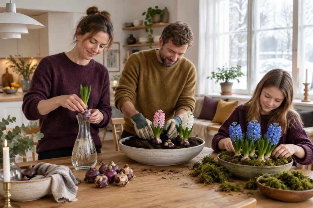 Tre personer vid ett köksbord planterar hyacintlökar i glas och på ett fat med mossa bredvid blommande blå hyacinter
