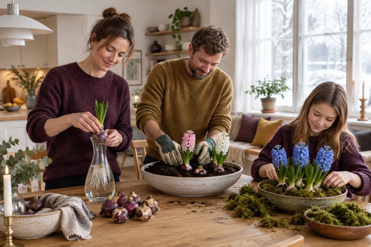 Tre personer vid ett köksbord planterar hyacintlökar i glas och på ett fat med mossa bredvid blommande blå hyacinter