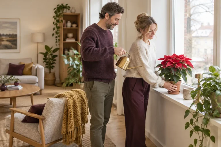 Två personer ställer en röd julstjärna i ett ljust fönster och vattnar den försiktigt