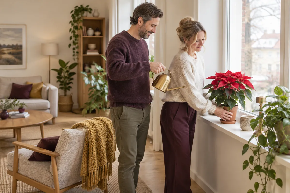 Två personer ställer en röd julstjärna i ett ljust fönster och vattnar den försiktigt