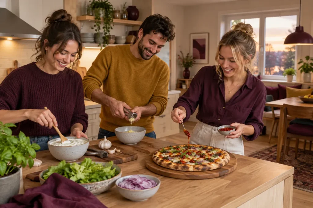 Tre vänner gör vit och röd kebabsås i ett kök och ringlar såsen över en nygräddad pizza